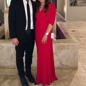 Red Badgley Mischka Long Dress with V Neck and Rouching elbow sleeves